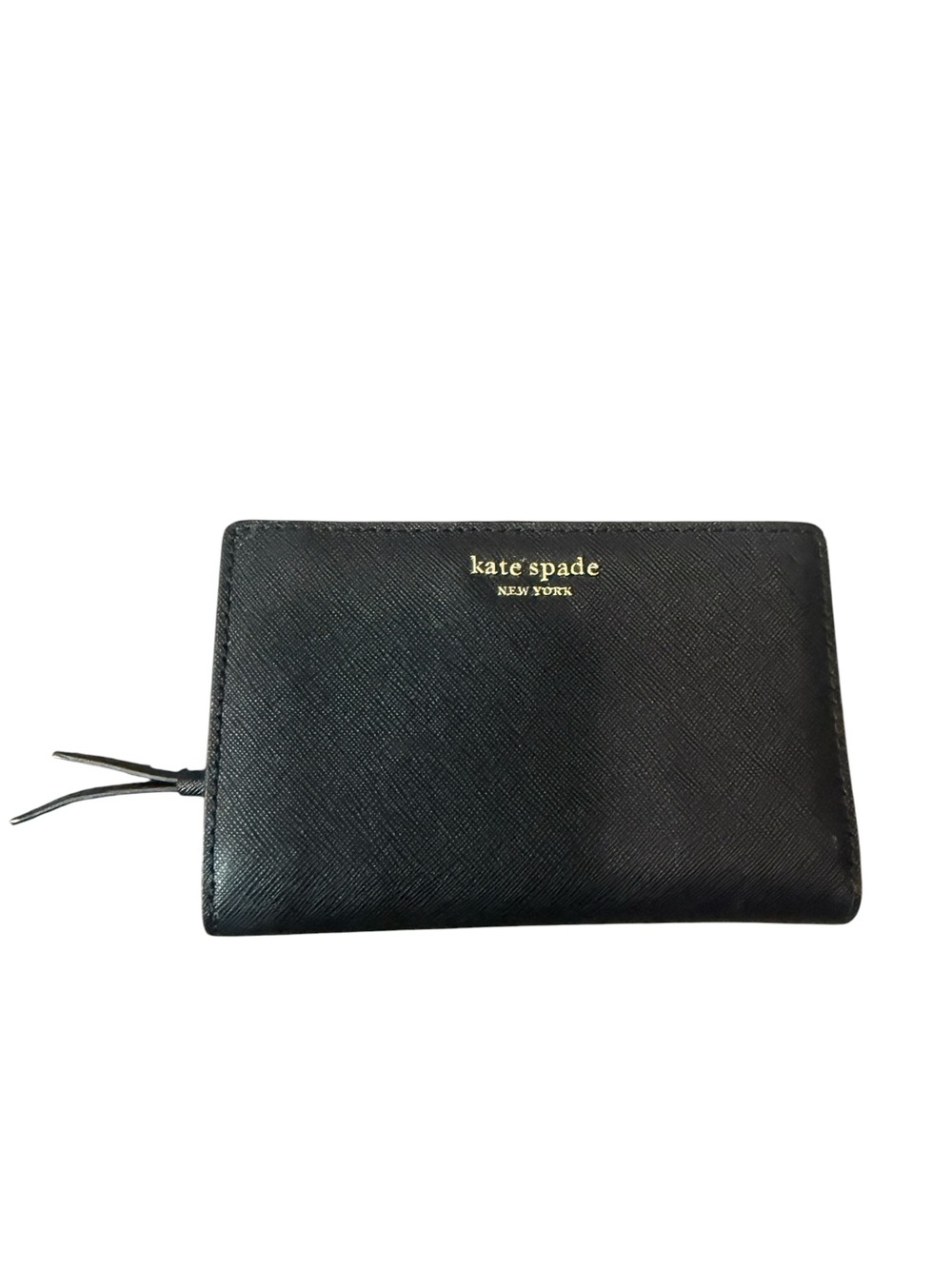 kate spade black saffiano zip-around wallet with gold logo